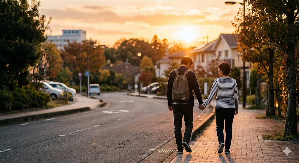 夕暮れの帰り道を、手をつないで歩く夫婦の後ろ姿。無精子症という厳しい結果の後に、夫婦の絆を再確認した情景。
