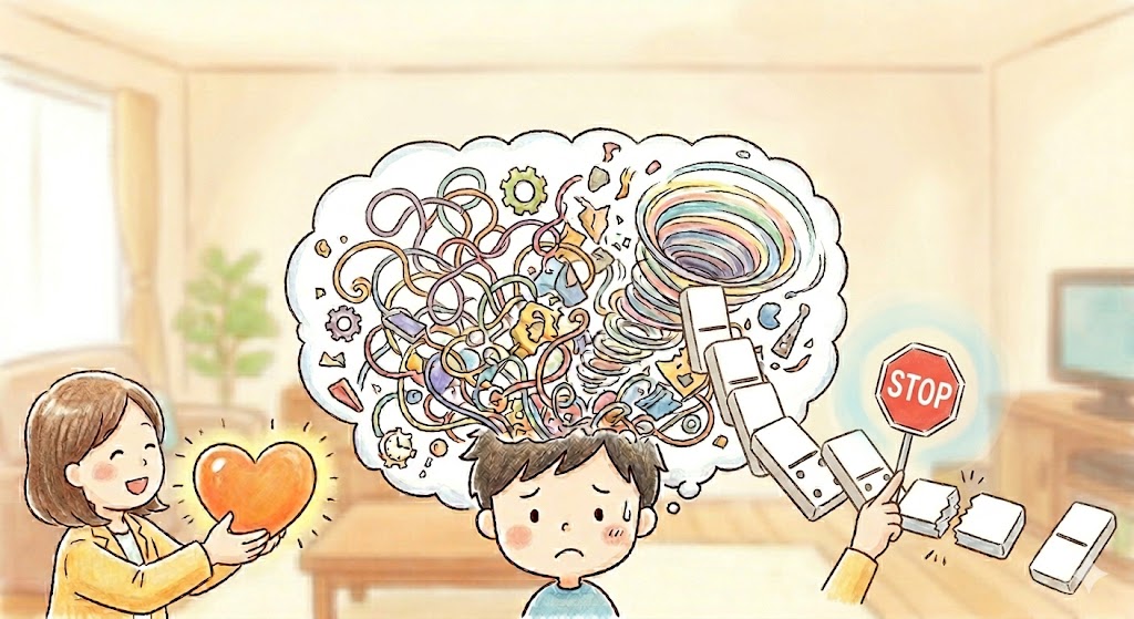 ADHDの特性である「脳内多動」を表現したパステルカラーのイラスト。中央の男性の頭から複雑な線や渦が溢れ出し、ネガティブな連想がドミノ倒しのように続いている。右側では妻が温かい光を放つハートを差し出し、赤い「STOP」の看板でそのドミノを食い止めている。