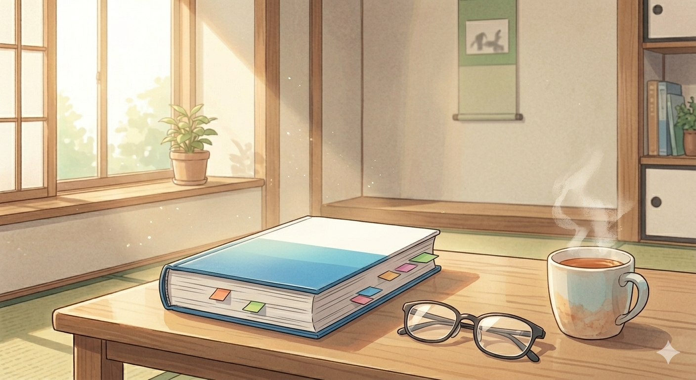 柔らかな和室の光の中で、付箋が貼られた専門書（青と白のグラデーションの装丁）と、隣に置かれた眼鏡と温かいマグカップのイラスト。精神科薬理学への深い探究心と安心感を表現。