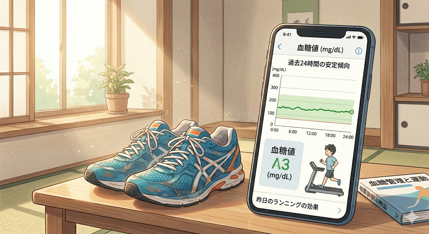 柔らかな日差しが差し込む部屋に置かれたランニングシューズと、24時間安定した血糖値グラフを表示するスマートフォンのイラスト。運動による糖代謝の変化を表現。