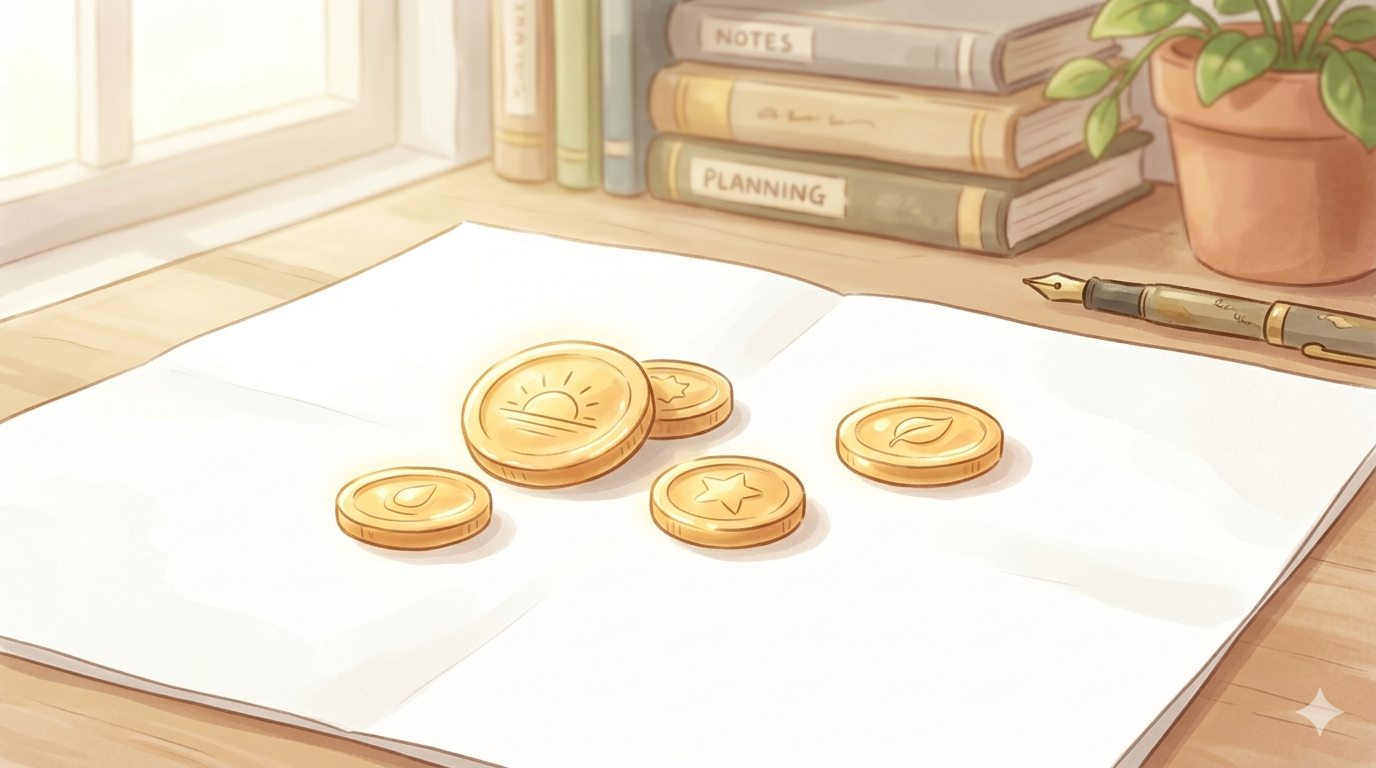 白い紙の上に置かれた数枚の金貨のやわらかいイラスト