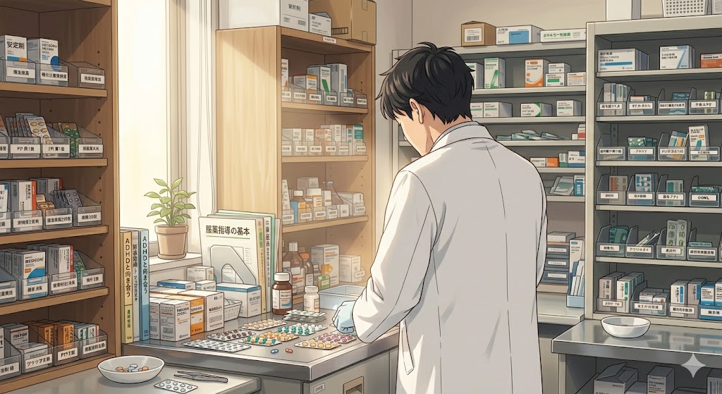 告知翌日、調剤室で薬に向き合う白衣の薬剤師の後ろ姿。絶望の中でも仕事という日常を全うする姿を表現。