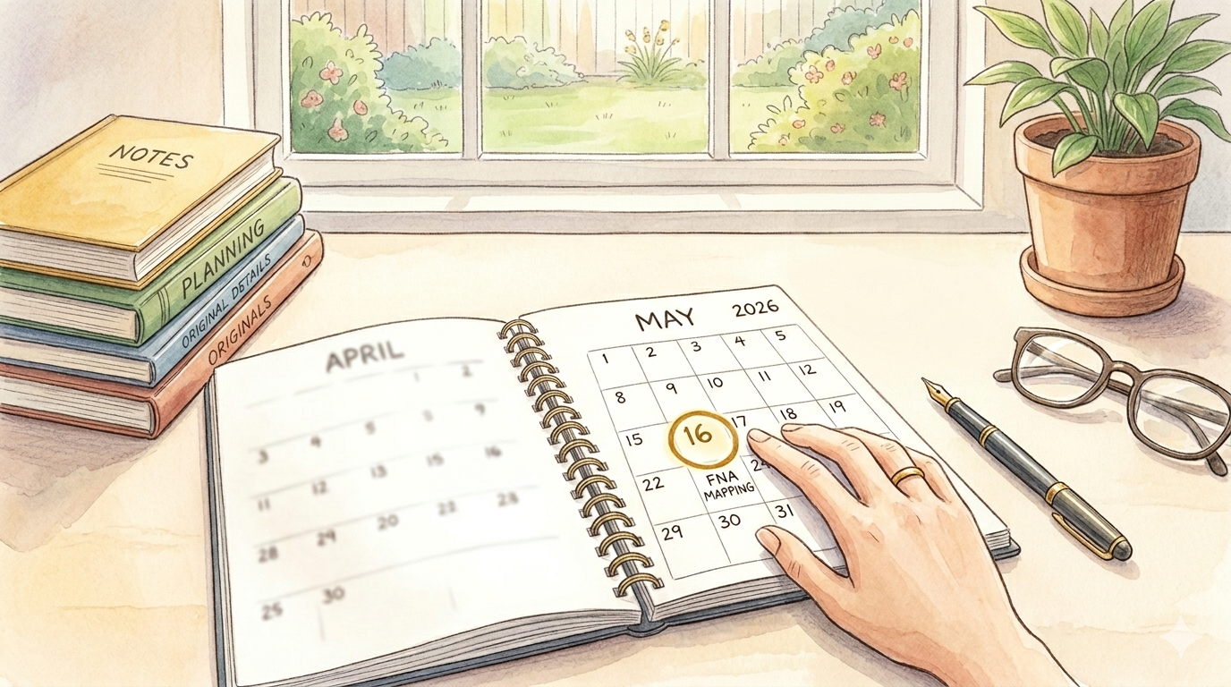 5月16日の日付に丸がつけられたカレンダーと、それを優しく見守る医療従事者の手元、そして近くに置かれたペンや眼鏡の、温かい水彩画風イラスト