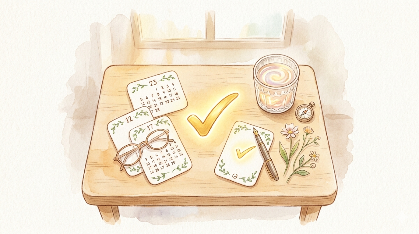 カレンダー、眼鏡、ペンが置かれたデスク