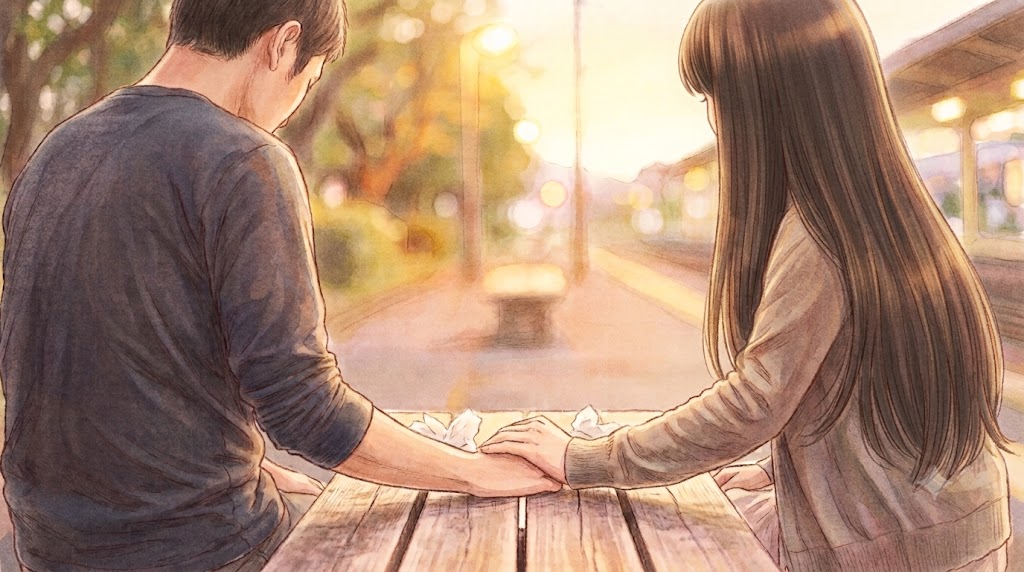 夕暮れの公園のベンチで、男性不妊の検査結果に直面した夫婦が、深く傷つきながらも静かに手を握り合うイラスト。